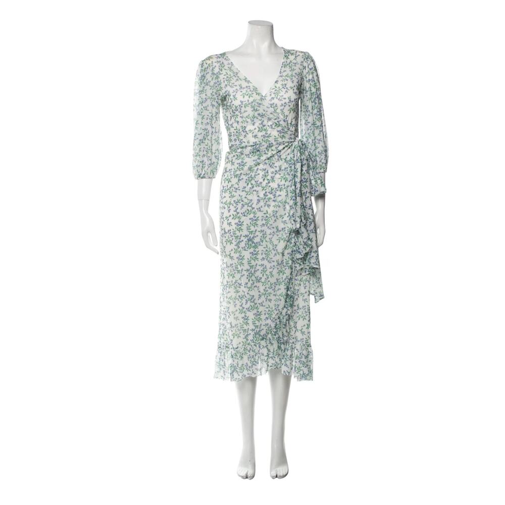 Ganni | Tilden Floral-Print Mesh Wrap Dress w/ Ruffle Detail Blue & Green Size M